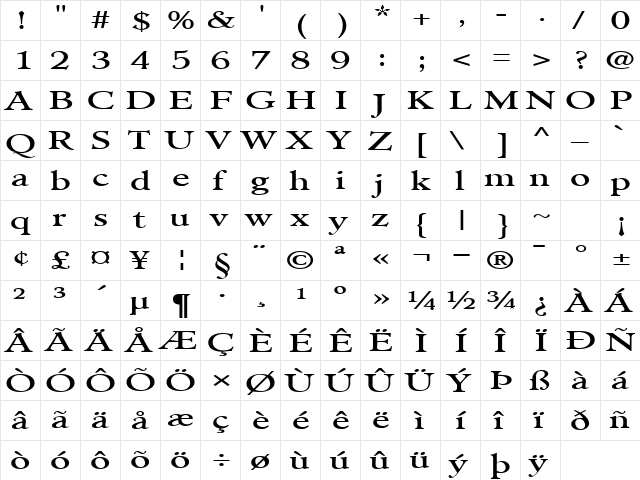 PilgrimExtended Regular  glyph index