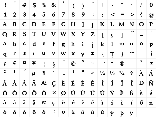 VANIEL 1 Bold  glyph index