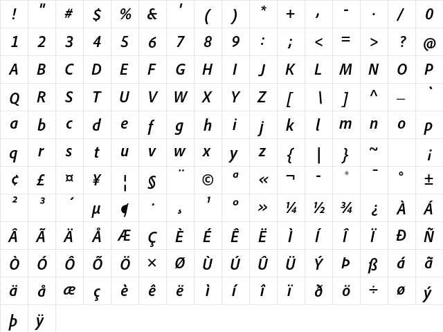 Adobe Clean SemiCondensed Bold Italic  glyph index