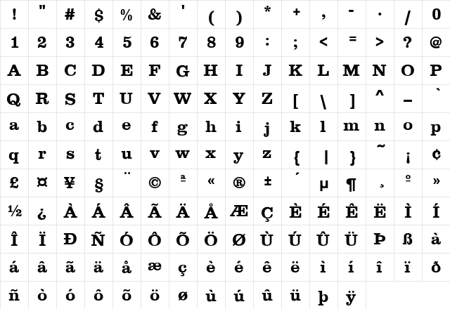 Clarendon Regular  glyph index