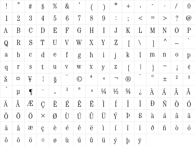 ITC Century Light Condensed  glyph index