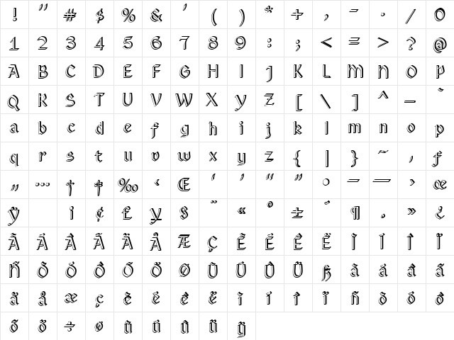 Eastgothic Regular  glyph index
