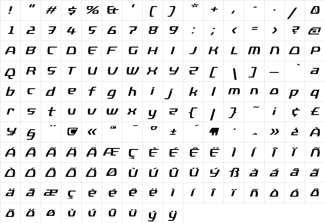 Kompressor Bold Italic  glyph index