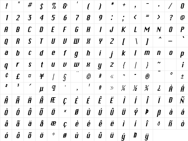 Ambush-Condensed Italic  glyph index