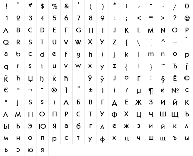 KabelCTT Medium Regular  glyph index