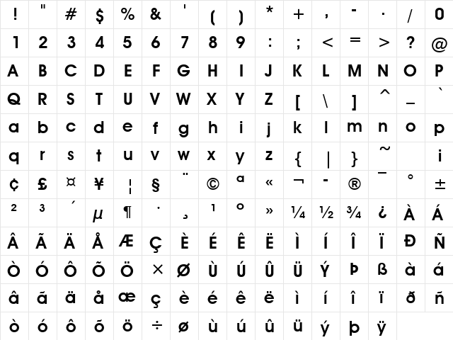 Advantage Bold  glyph index