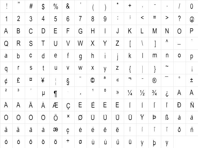 Tempest-narrow Regular  glyph index