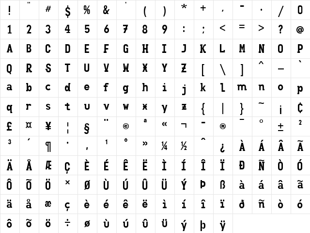 Clutsy Regular  glyph index