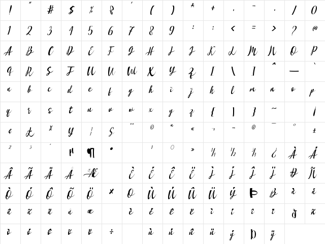 Hasnabilla Regular  glyph index