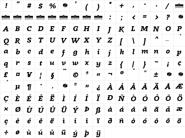 Radcliffe Display Bold Italic  glyph index