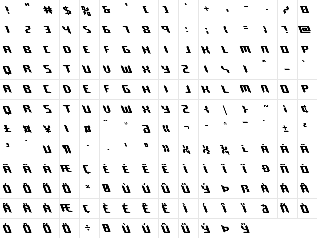 Robo-Clone Leftalic Italic  glyph index