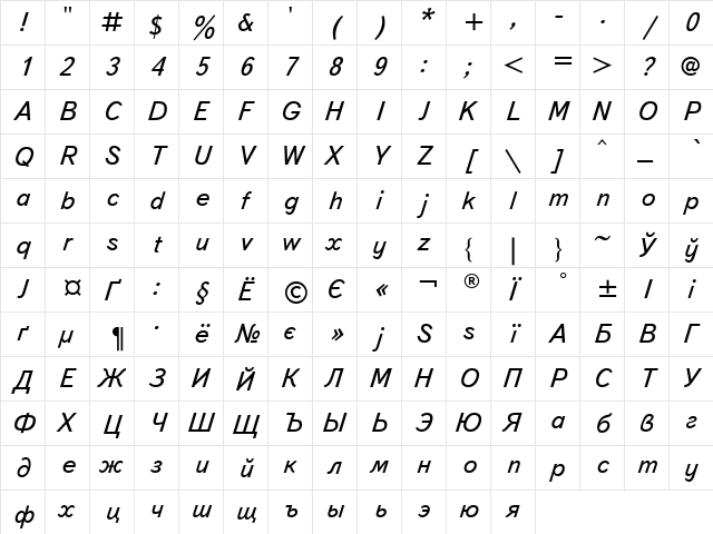 UkrainianTextBook Italic  glyph index