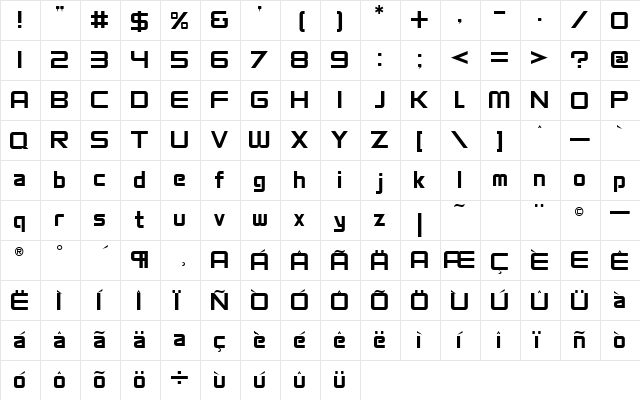 VentureRegular Regular  glyph index