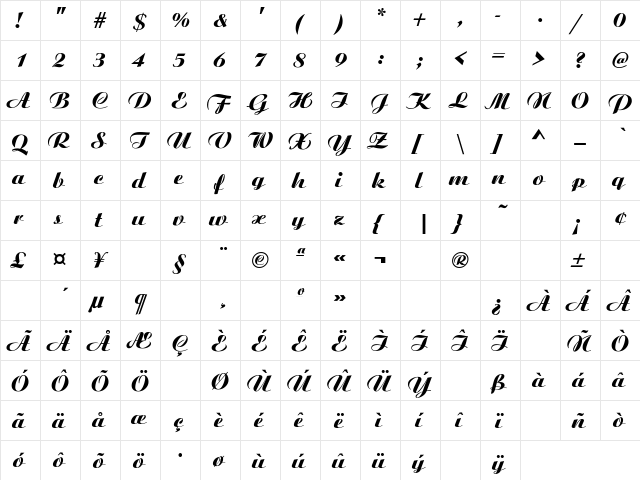 Artoney Regular  glyph index