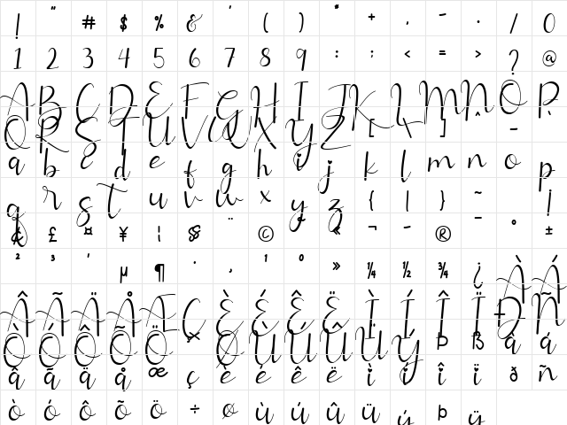 Allitta Calligraphy Regular  glyph index