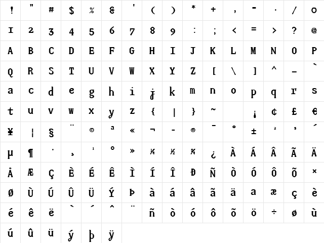 JUstice Mono Bold  glyph index
