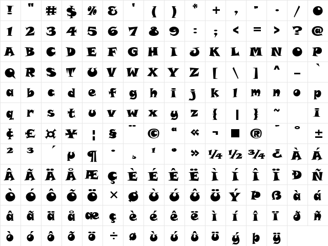 Snap ITC TT Regular  glyph index