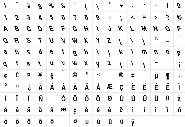 Helvetica-Narrow-Bold Lefty Regular  glyph index