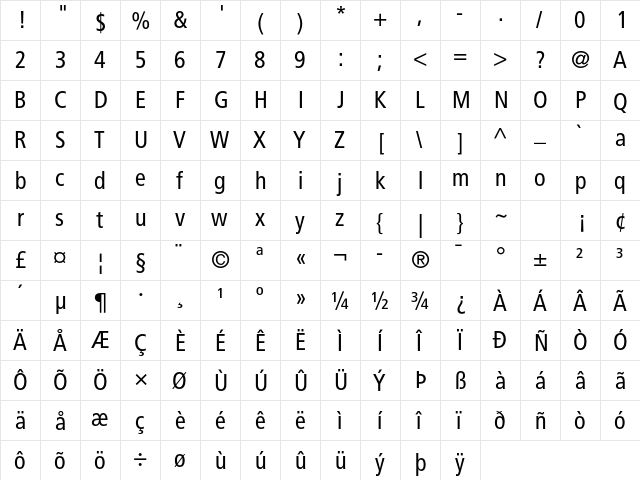 Frutiger LT Std 57 Condensed  glyph index