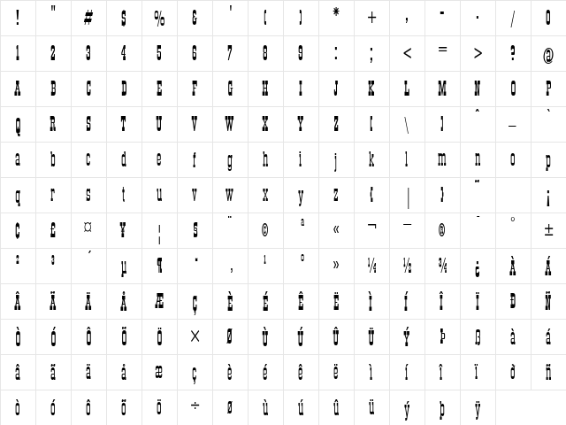 StagecoachCondensed Regular  glyph index