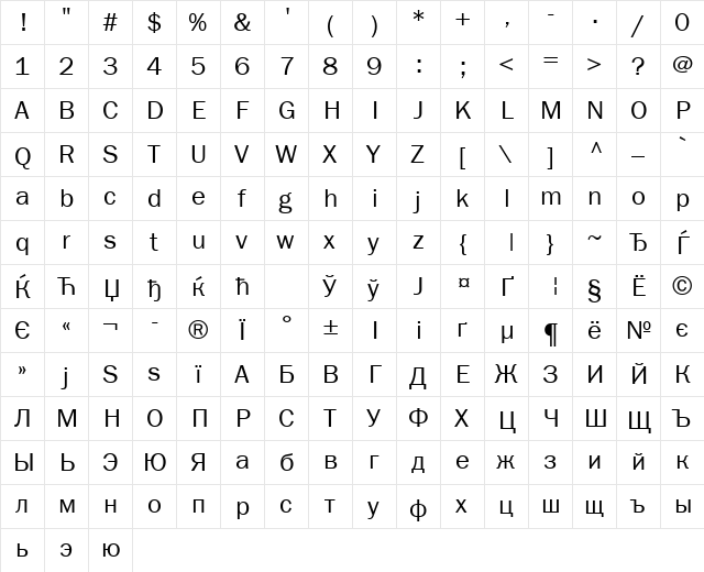 FranklinGothBookCTT Regular  glyph index