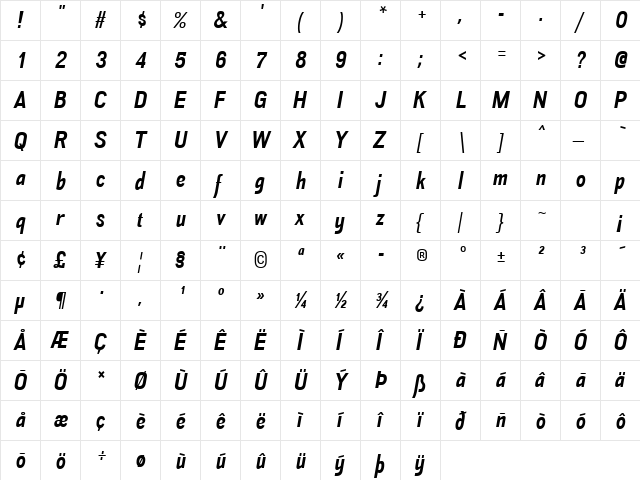 Akazan Bold Italic  glyph index