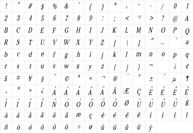 Chelsey Thin Italic  glyph index