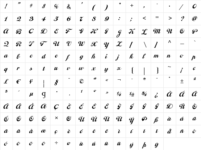 MoonshineScriptNF Regular  glyph index
