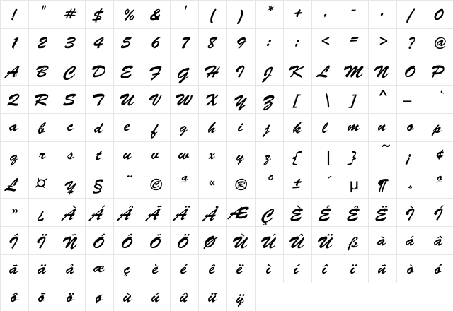 Brushman Regular  glyph index