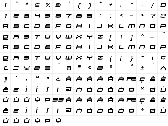 Zosma Bold Italic  glyph index