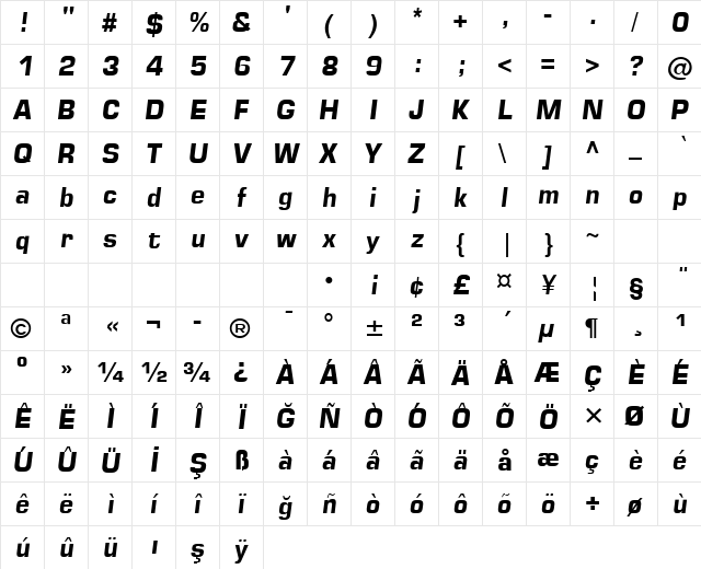 Square721 BT Bold  glyph index
