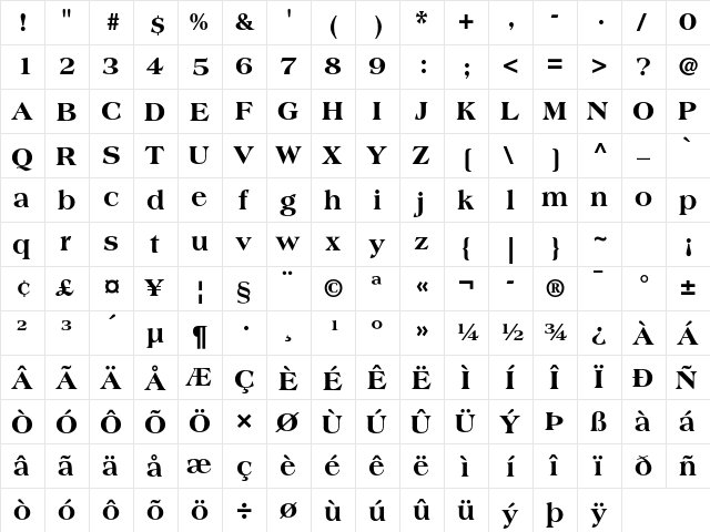 Americana Std Extra Bold  glyph index