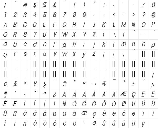 Downtown Thin Italic  glyph index