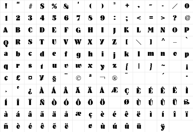 Pickwick Regular  glyph index