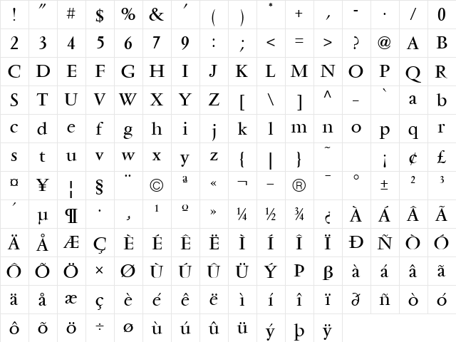 Vendome ICG Regular  glyph index