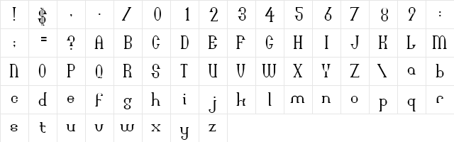 Bridgework Regular  glyph index