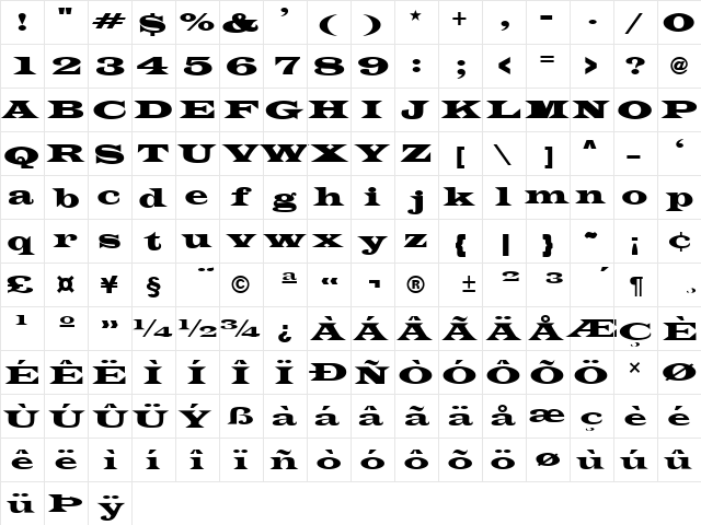 TransverseSSK Regular  glyph index