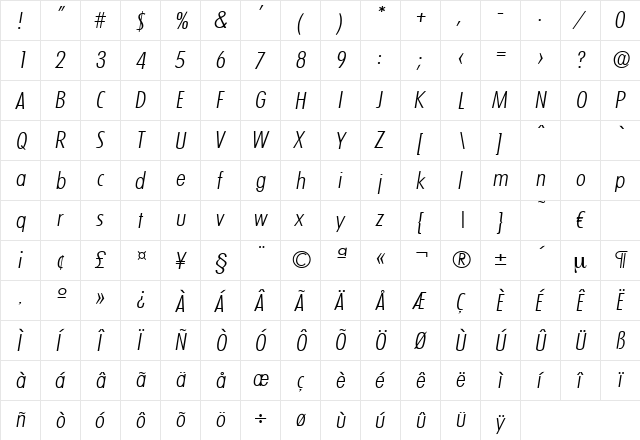 Limerick-LightCondIta Regular  glyph index