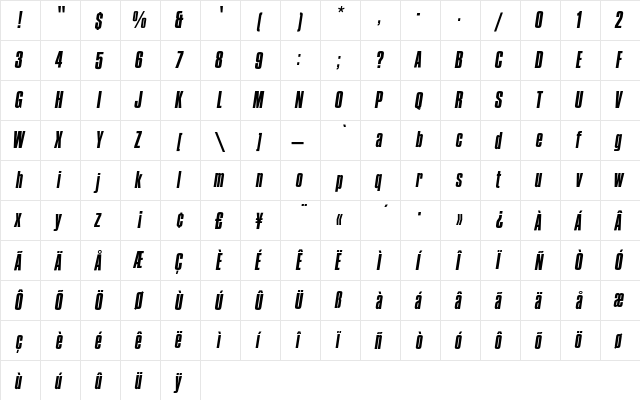 CompactaEF RegularItalic  glyph index