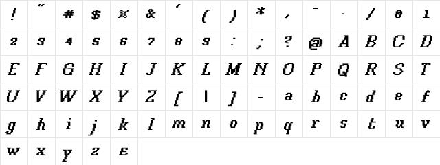 Xilla Bold Italic  glyph index