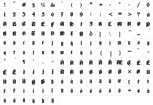 Barloesius Schrift Regular  glyph index
