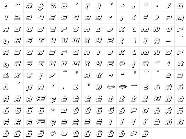 Defcon Zero 3D Italic Italic  glyph index
