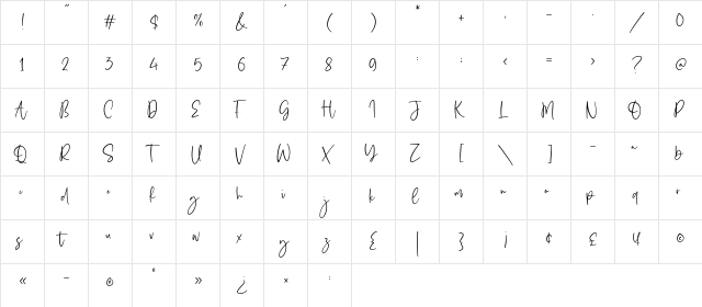 Obladi Script Regular  glyph index