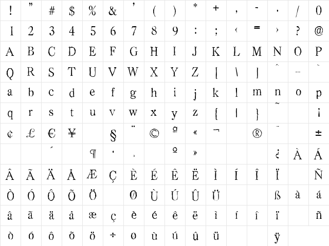 CasadAntique-Light Regular  glyph index
