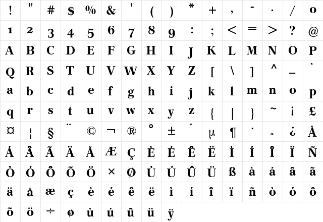 Cremona Expert BQ Regular  glyph index