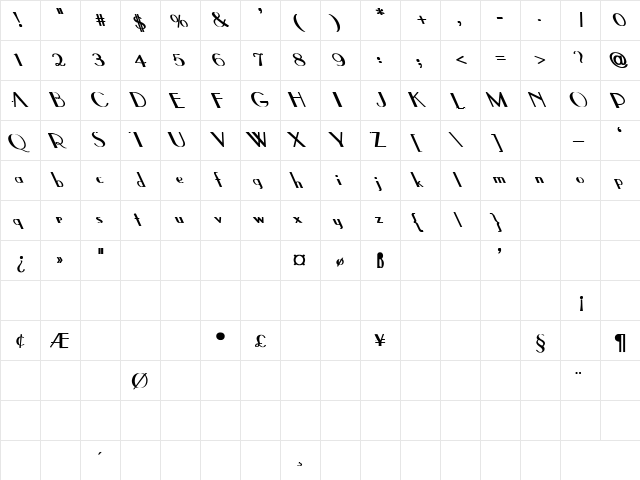 Parisian-Thin Leftified Regular  glyph index