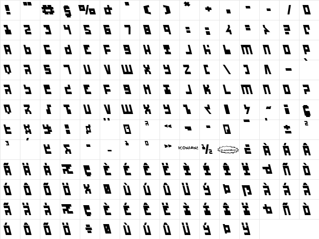 UFO Hunter Leftalic Italic  glyph index