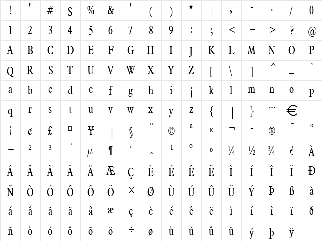 NadineThin Normal  glyph index