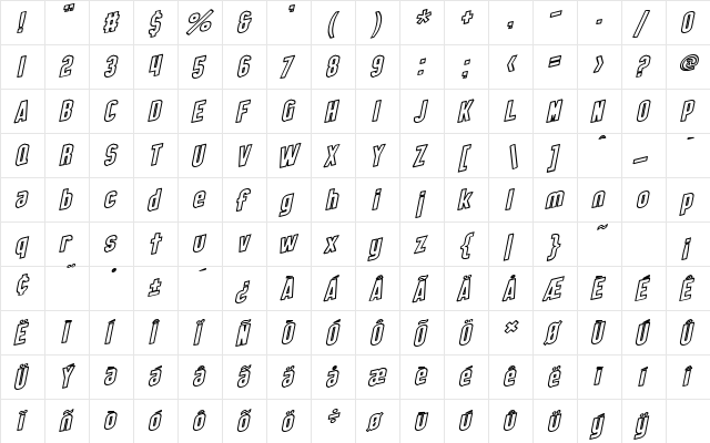 SF Obliquities Outline Regular  glyph index