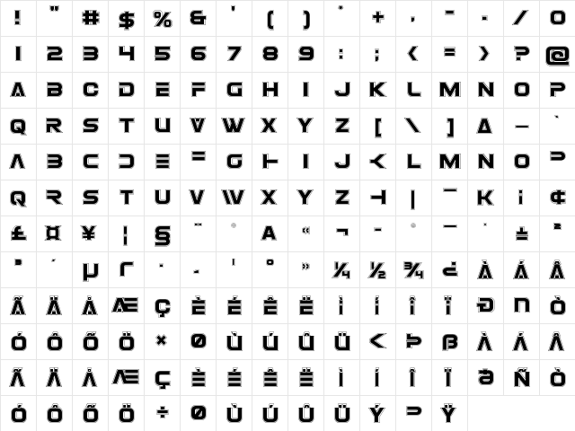 Eurofighter Academy Regular  glyph index